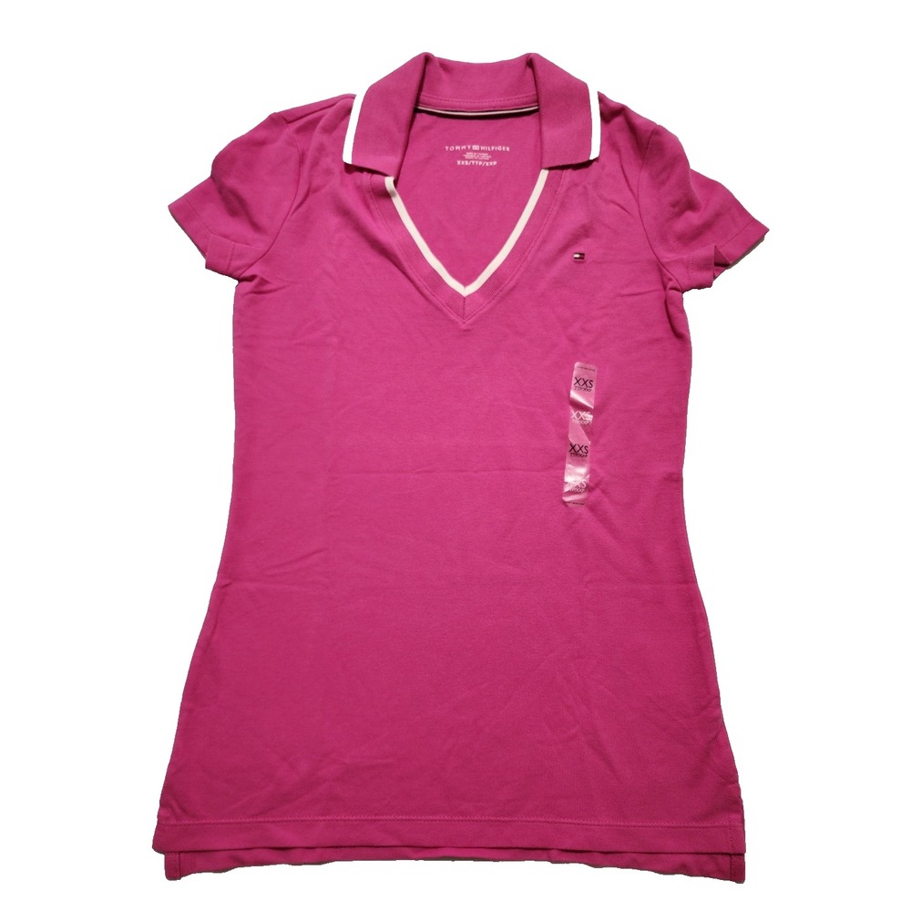 Tommy Hilfiger Women's Polo Shirt Striped Collar Vneck Short‎ Sleeve Size XXS